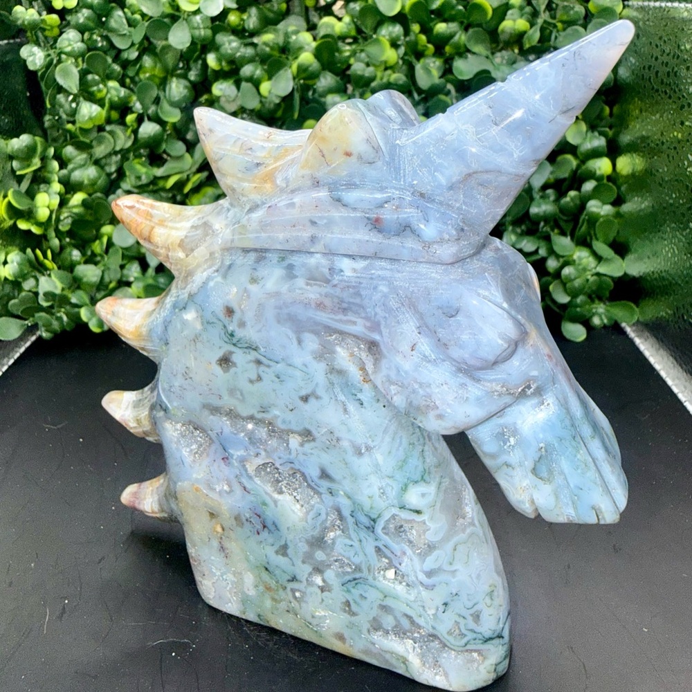 Ocean Jasper Unicorn Head Carving w Druzy Crystal 4.8”